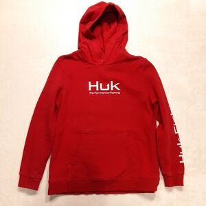 Huk Boys Pullover Hoodie Sweater Red YXL Cotton Blend Gray Accents